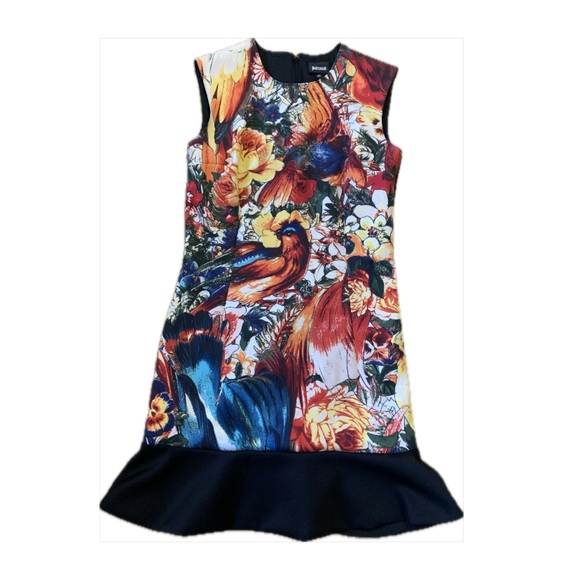 JUST CAVALLI IT46 Bird Print Floral Multicolour Ruffle Dress Size 48 (Size XL) - Picture 2 of 10